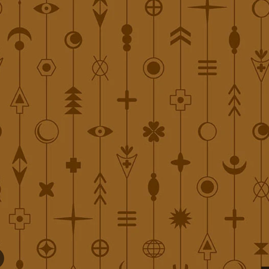 A repeating pattern of dark brown mystical and spiritual symbols, including crescent moons, stars, crosses, and geometric shapes, arranged vertically on a warm brown background.