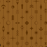 A repeating pattern of dark brown mystical and spiritual symbols, including crescent moons, stars, crosses, and geometric shapes, arranged vertically on a warm brown background.