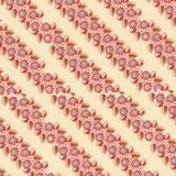 A repeating floral pattern arranged in diagonal stripes on a warm cream background. The motifs include red and pink blossoms, orange and yellow leaves, and small light blue star-like centers.