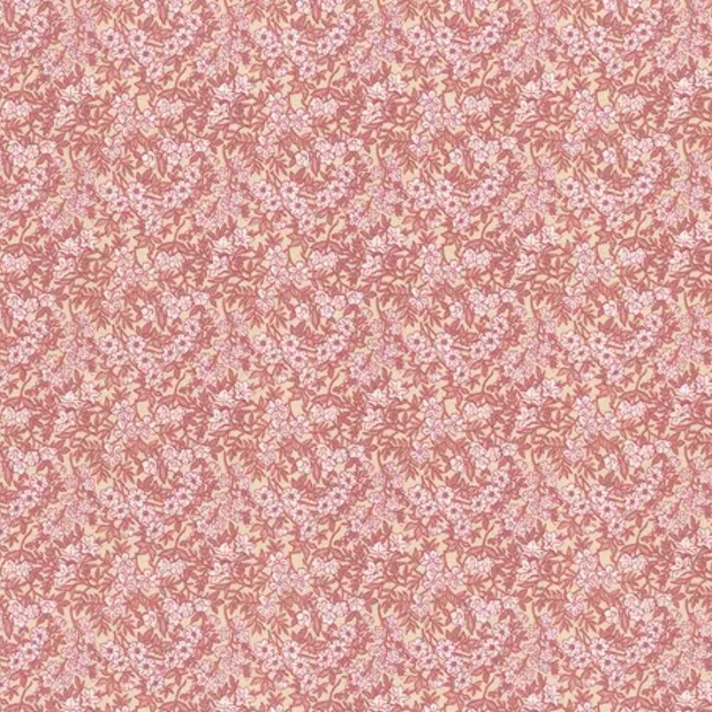 A close-up of a repeating floral pattern in dusty pink, light pink, and soft beige, filling the entire frame.