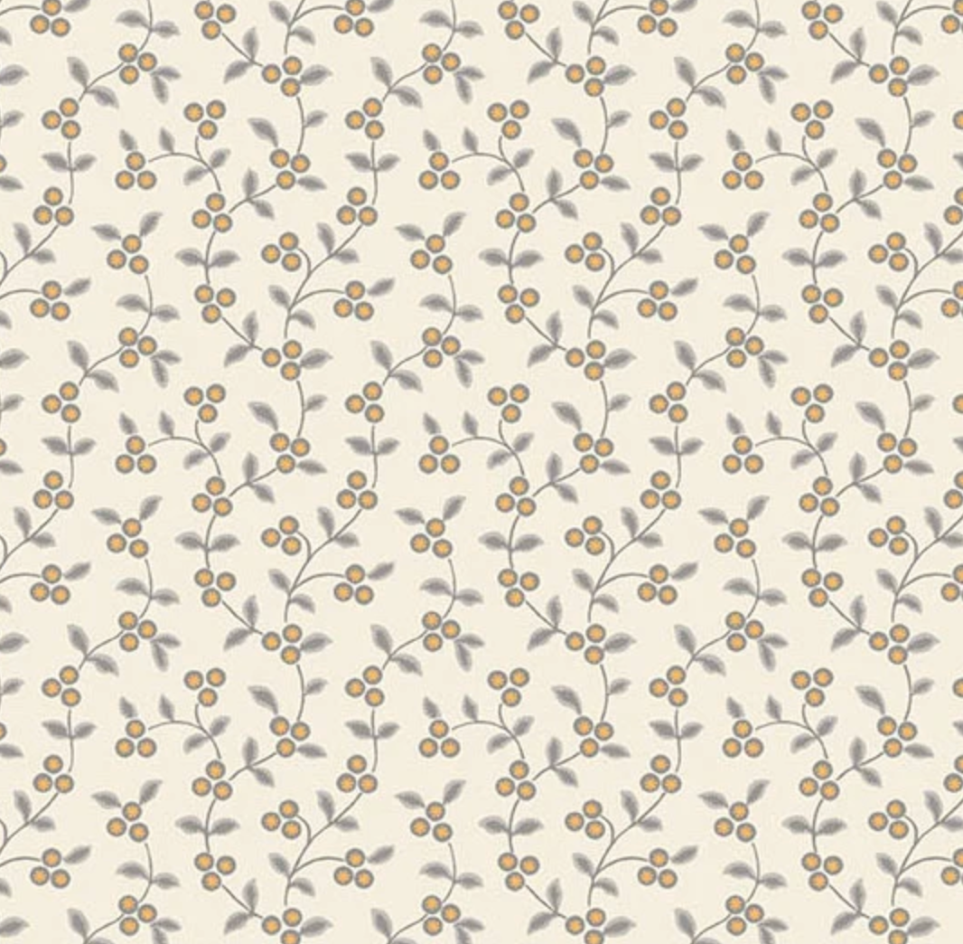 A repeating floral pattern on a warm cream background, featuring delicate gray stems and leaves with small yellow-orange flower clusters.