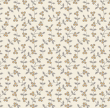 A repeating floral pattern on a warm cream background, featuring delicate gray stems and leaves with small yellow-orange flower clusters.