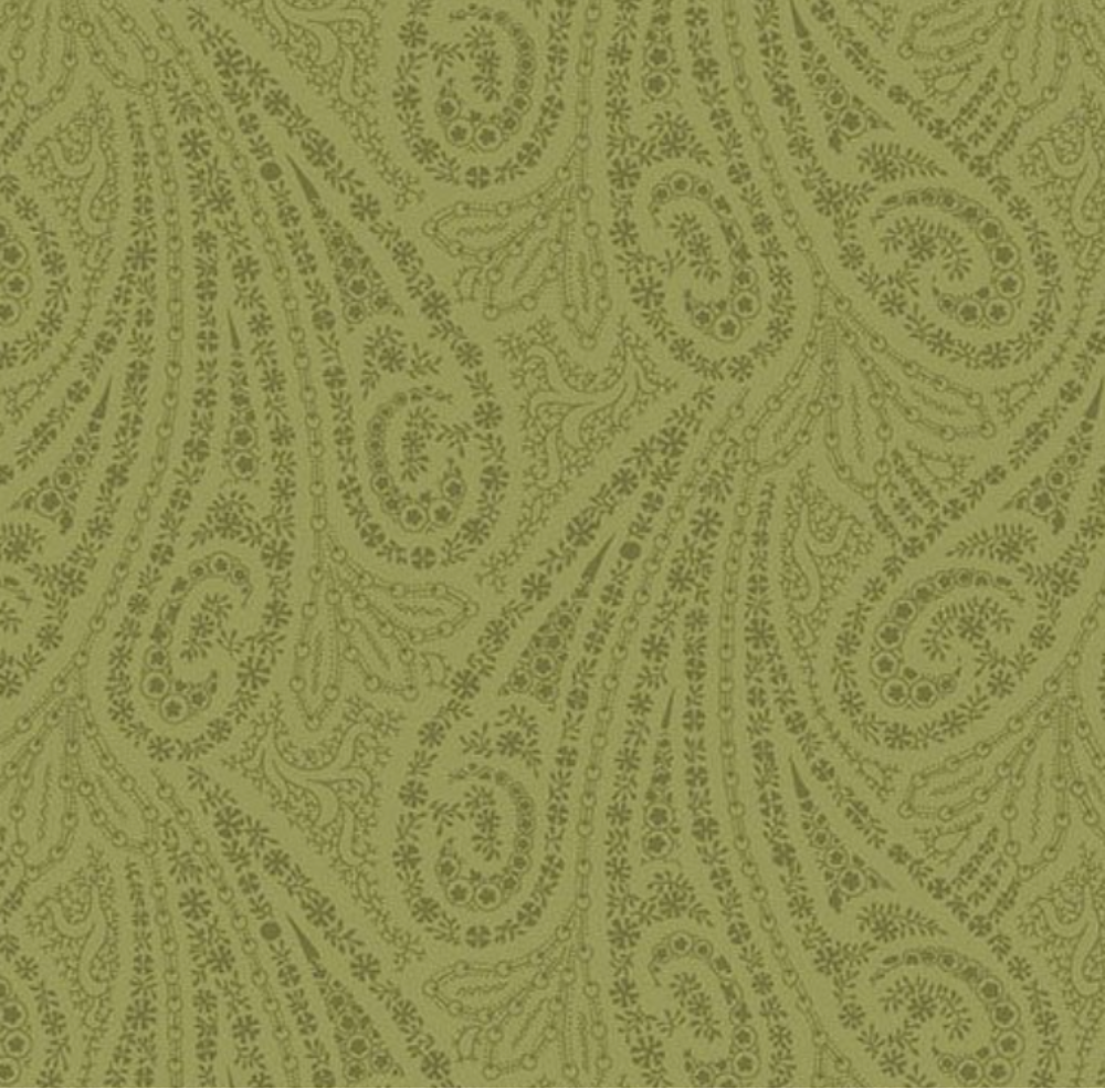 Olive green fabric featuring a repeating dark olive paisley pattern.