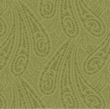Olive green fabric featuring a repeating dark olive paisley pattern.