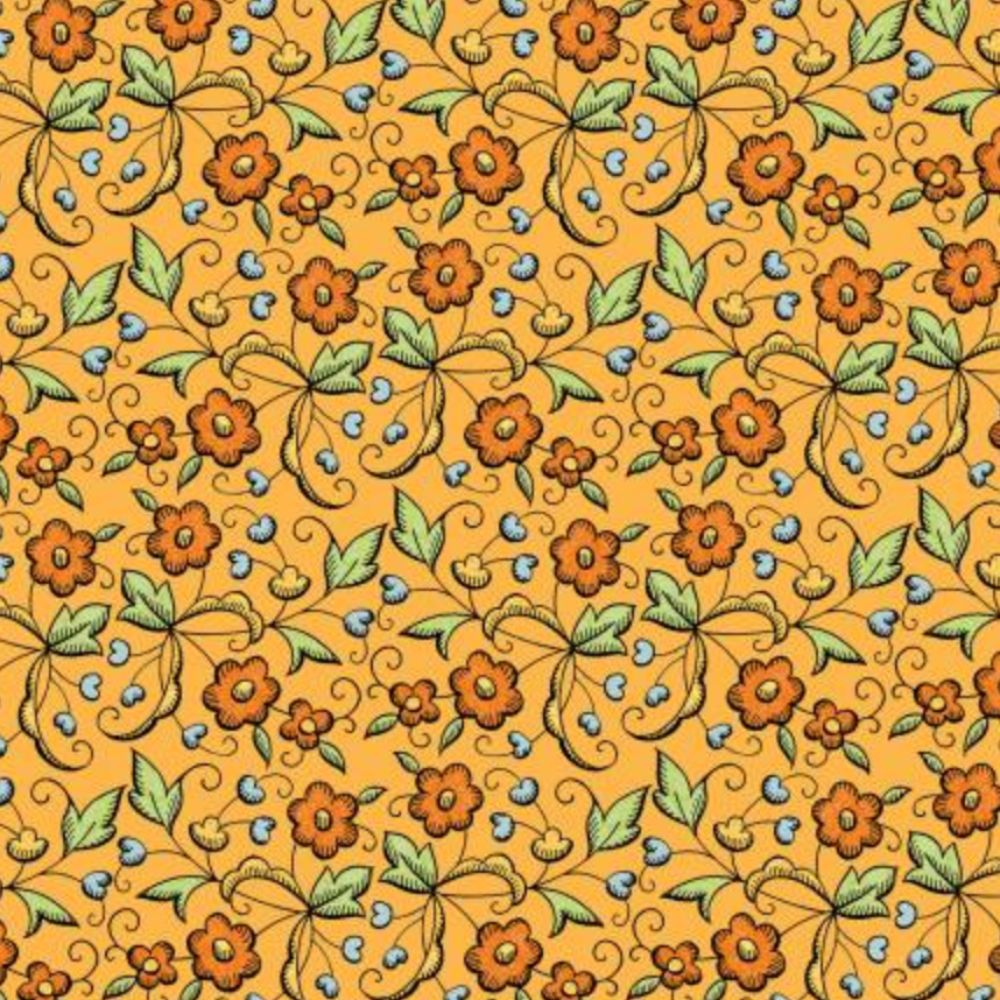A repeating floral pattern on a warm orange background, featuring orange flowers with green leaves and small light blue berries or dots.