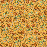 A repeating floral pattern on a warm orange background, featuring orange flowers with green leaves and small light blue berries or dots.