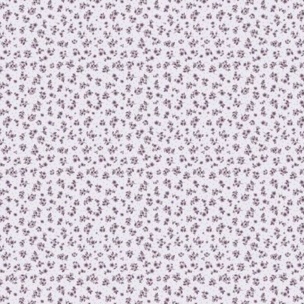 A close-up of a fabric pattern featuring tiny, dense small floral motifs in muted purple and brown on a very light off-white background.