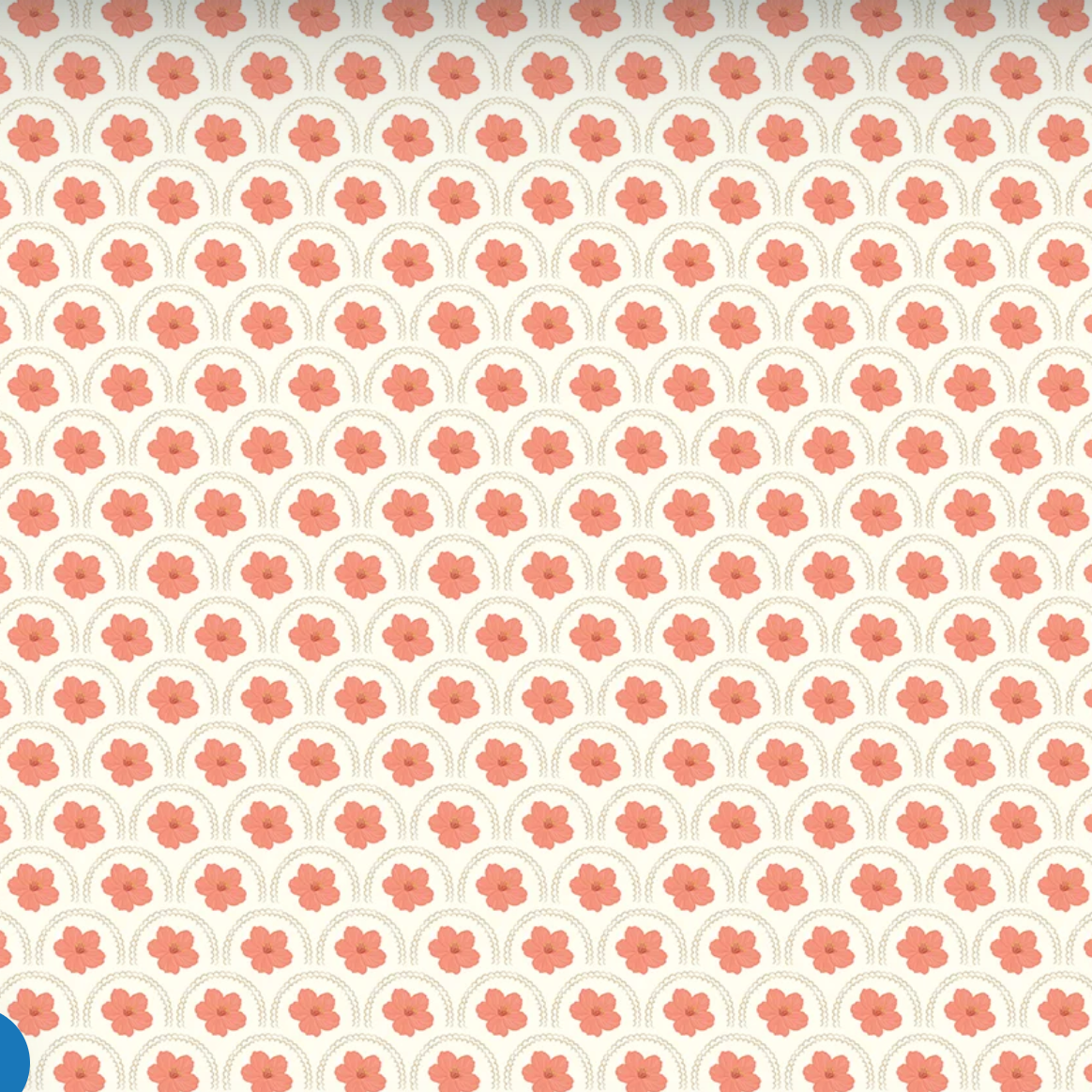 A repeating pattern of coral-pink four-petal flowers arranged in rows on a warm off-white background.