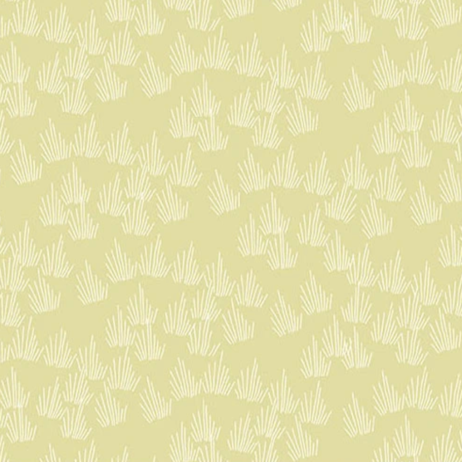 A repeating pattern of small white brushstroke grass or reed motifs on a pale yellow background.