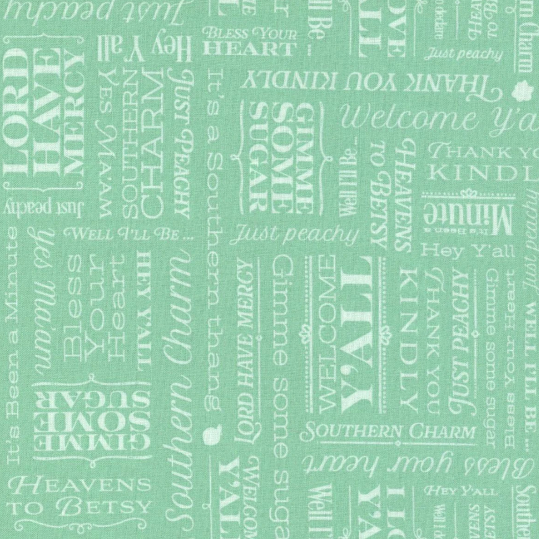 A close-up of a mint green fabric or wallpaper pattern featuring a repeating white Southern-themed typographic design with words like 'Grimme some sugar', 'Southern Charm', 'Hey Y'all', and 'Bless Your Heart'.