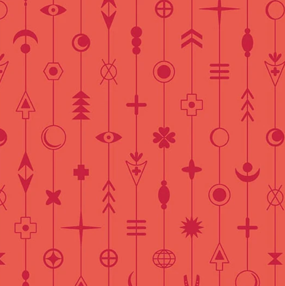 A repeating pattern of vertical lines decorated with various abstract symbols in dark red on a coral-red background.