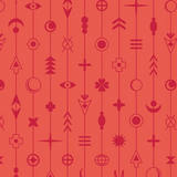 A repeating pattern of vertical lines decorated with various abstract symbols in dark red on a coral-red background.