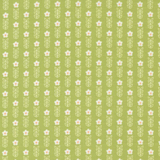 A repeating floral pattern on a light olive green background, featuring small white flowers with pale pink centers and simple leafy stems.