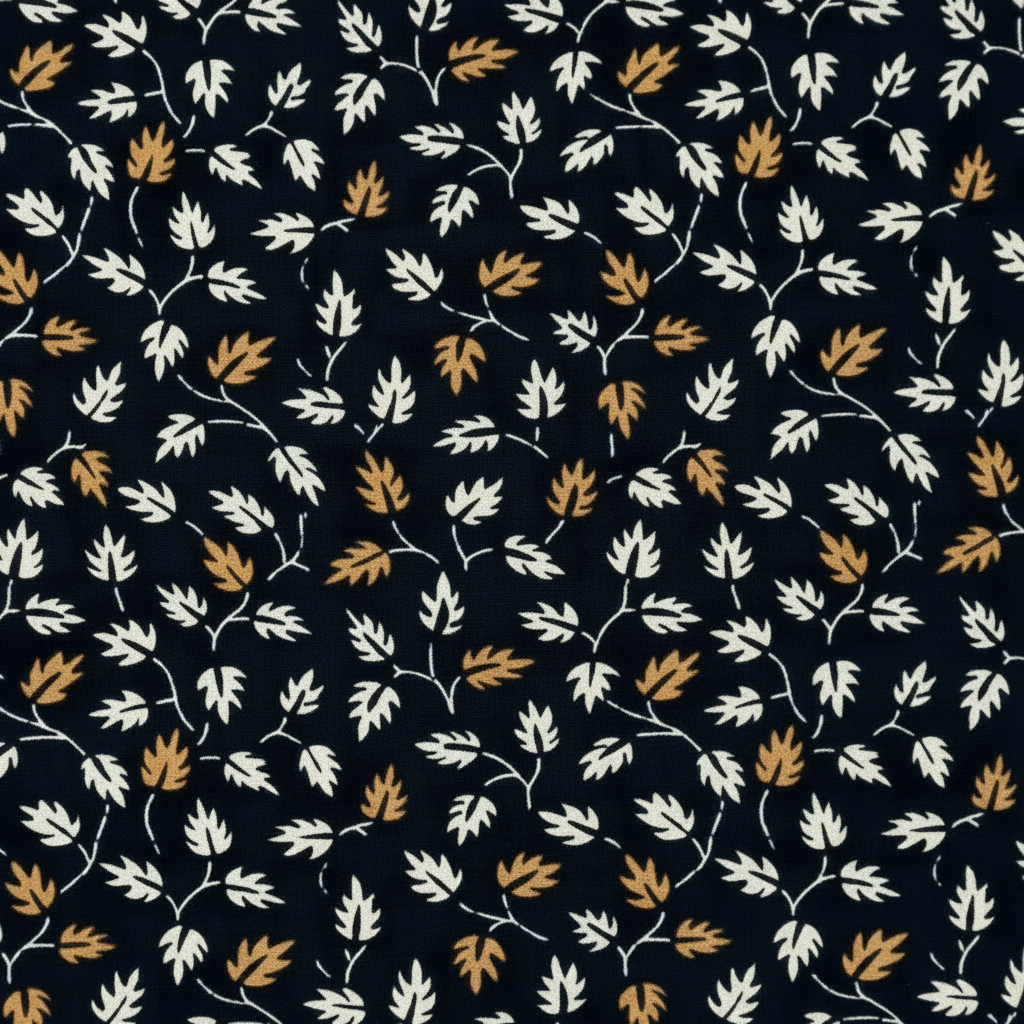 A close-up of a repeating floral pattern featuring white and muted orange blossoms on a dark navy blue background.