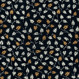 A close-up of a repeating floral pattern featuring white and muted orange blossoms on a dark navy blue background.