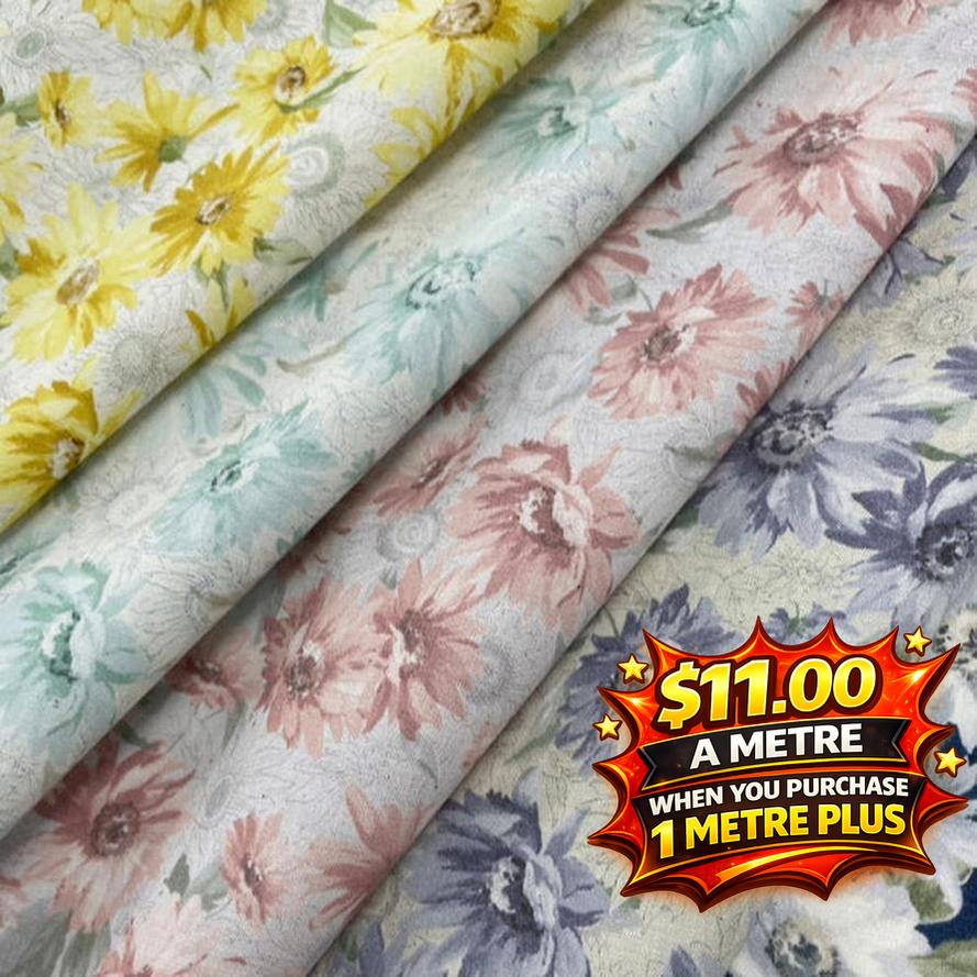 Seeded cotton shirting fabric in four floral prints: yellow, mint, pink, and lavender.