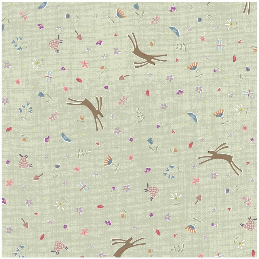 A close-up of a fabric or wallpaper pattern featuring a light sage green linen-like background with a scattered print of brown deer, colorful wildflowers, and small botanical motifs.