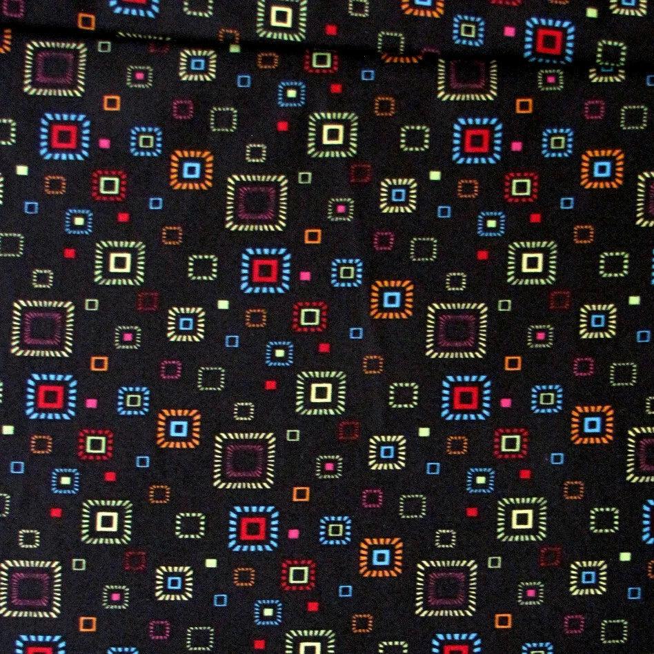 The Gallert Boxes Squares Geometric Multicolor on Black 100% Cotton Fabric WOF 110cm-112cm