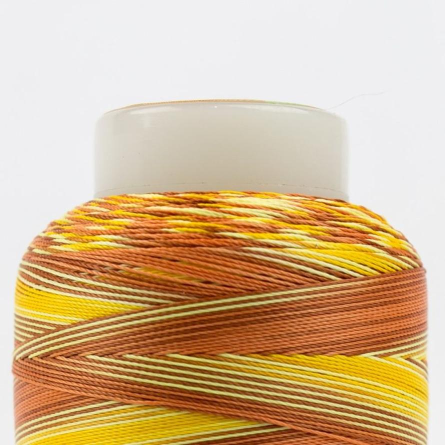 Close-up of a spool of variegated orange, rust, and yellow lint-free Silco™ cotton thread.