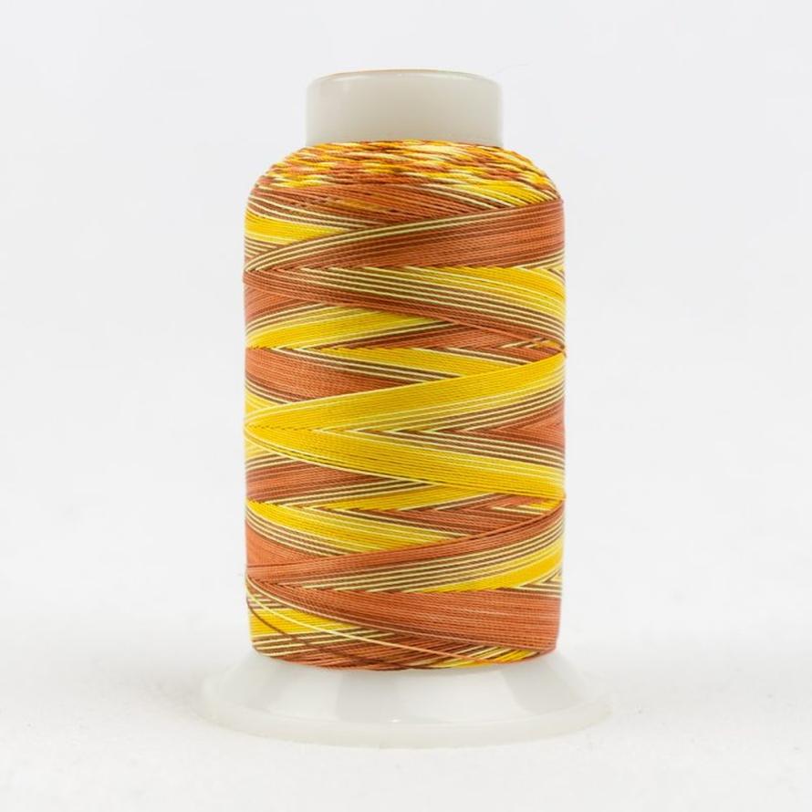 Spool of Silco™ 35Wt lint-free cotton thread in variegated orange, rust, and yellow.