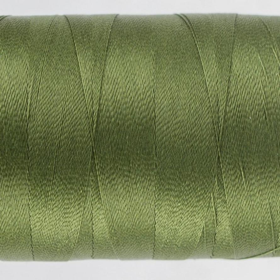 Spool of Polyfast 40wt trilobal polyester thread in Medium Palmetto green, showing its brilliant shimmer.