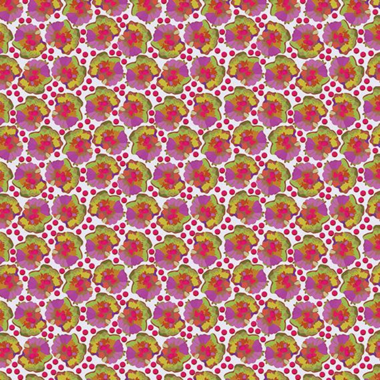 A repeating floral pattern featuring stylized pink and yellow flowers with green centers, accented by small red polka dots on a white background.