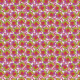A repeating floral pattern featuring stylized pink and yellow flowers with green centers, accented by small red polka dots on a white background.