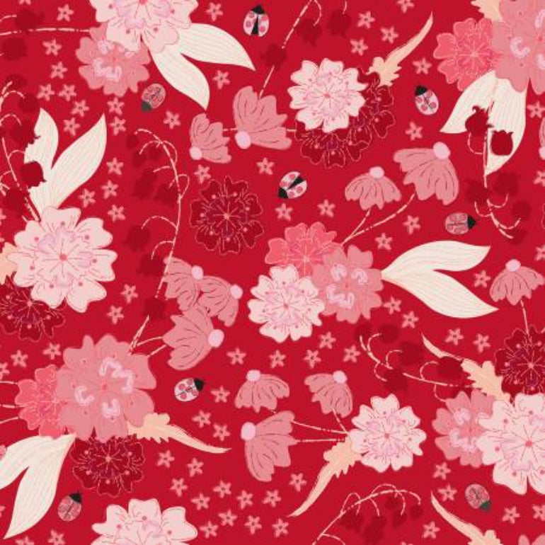 A repeating floral pattern on a bright red background, featuring pink and light pink flowers, cream leaves, small star motifs, and a few ladybugs.
