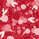 A repeating floral pattern on a bright red background, featuring pink and light pink flowers, cream leaves, small star motifs, and a few ladybugs.