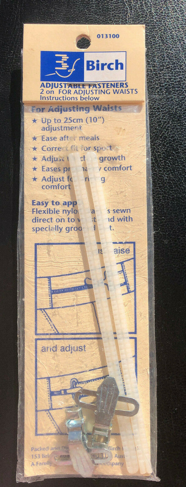 Birch 2 Adjustable Fasteners. For adjusting waists.