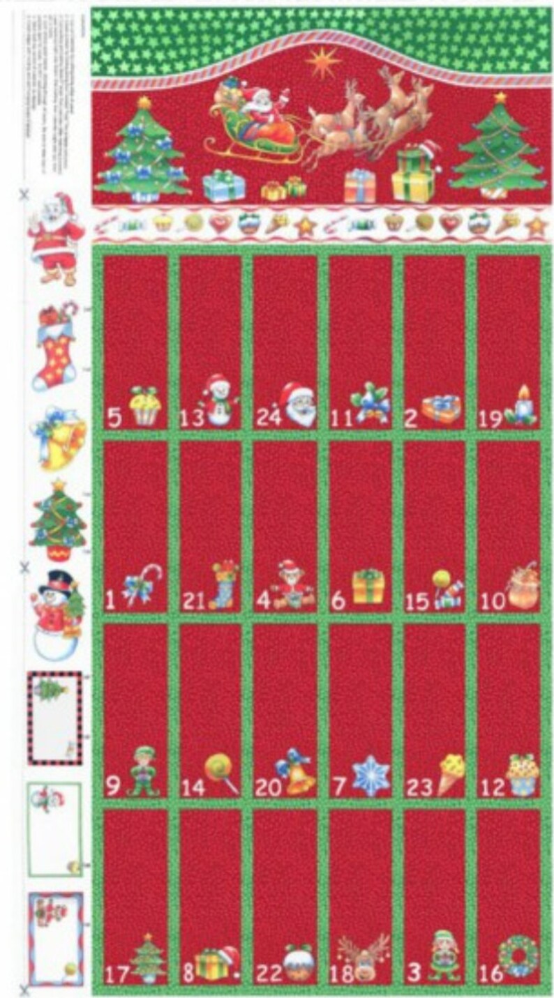 Christmas Advent Calendar Fabric Panel - Red and Green Nutex