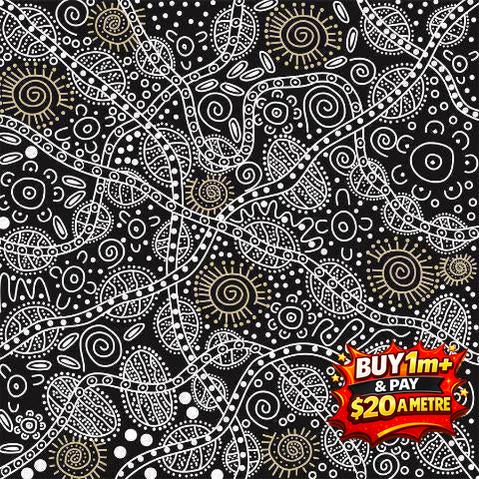 Bush Tucker Black 100% Cotton Fabric WOF 110cm- 112cm