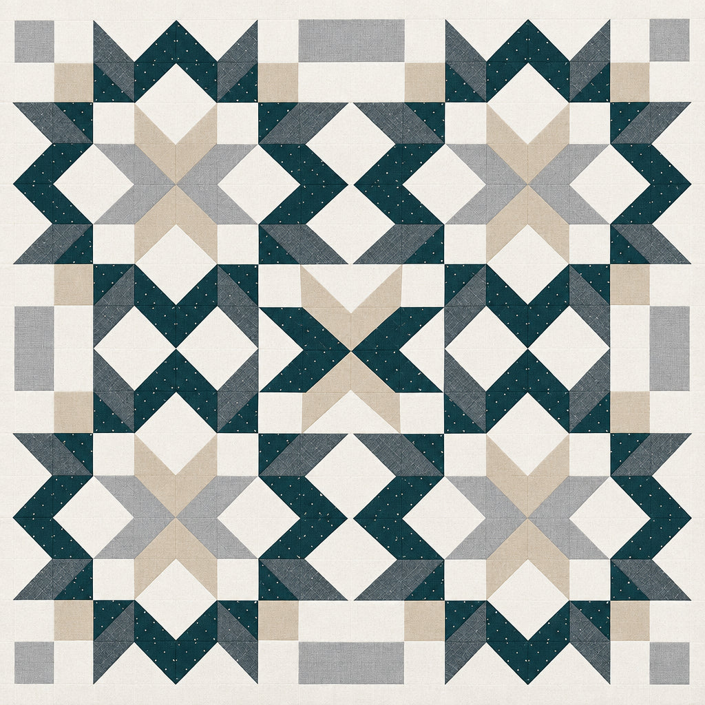 A geometric quilt pattern featuring a repeating star and diamond motif in dark teal, light gray, beige, and white.
