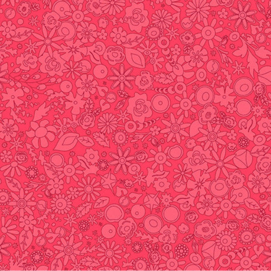 A close-up of a pink fabric pattern featuring a dense, repeating hand-drawn floral and botanical design in darker pink outlines. A white ruler with black markings and the 'andover' brand logo is visible along the bottom edge.