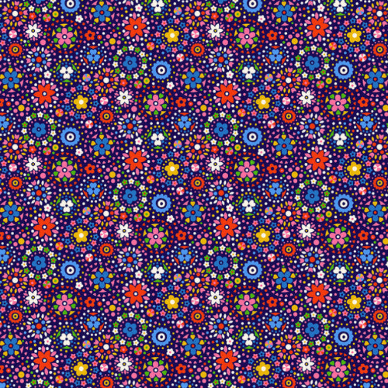 A dense, seamless floral pattern featuring small, colorful flower motifs in red, blue, pink, yellow, green, and white on a dark purple background.