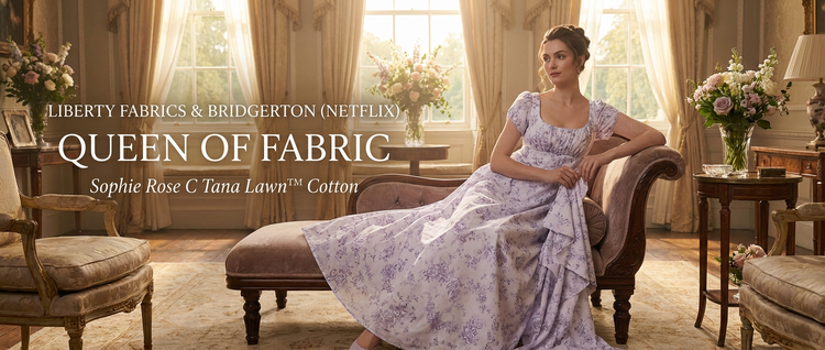 Woman in a floral dress sitting on a couch in a luxurious room with text about Liberty Fabrics and Bridgerton.
