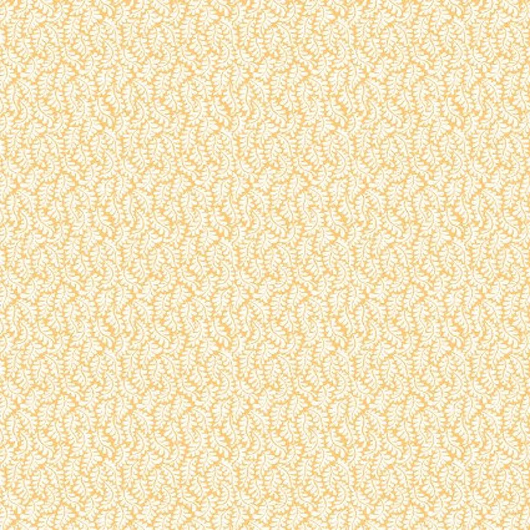 A close-up of a repeating fabric or wallpaper pattern in pale yellow and off-white, showing a delicate wavy floral or scroll motif.