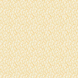 A close-up of a repeating fabric or wallpaper pattern in pale yellow and off-white, showing a delicate wavy floral or scroll motif.