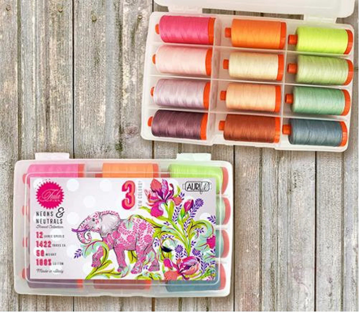 Tula Pink Aurifil Neon & Neutrals 12 Large Spools 50wt Cotton