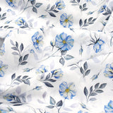 Floral pattern with blue flowers and green leaves on a white background