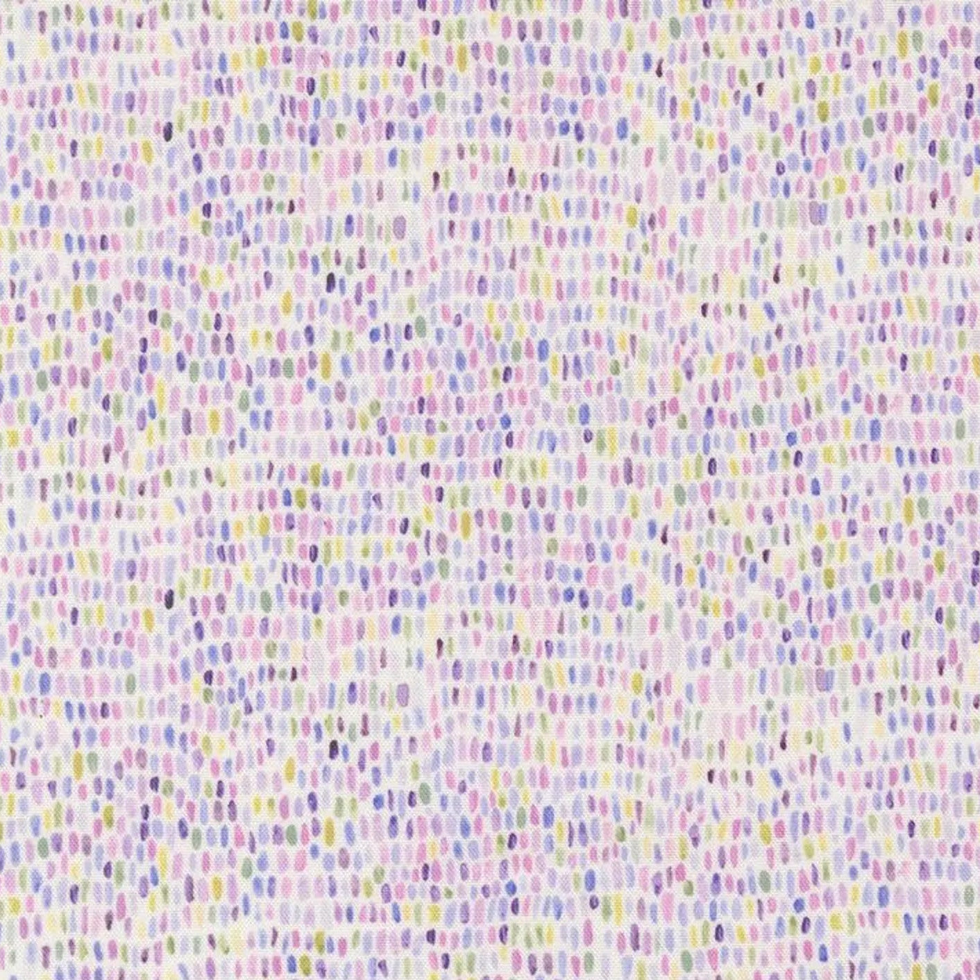 A close-up fabric pattern swatch showing a dense, hand-drawn dotted texture in pastel shades of purple, pink, blue, yellow, and green on a white background, with a Modas Fabrics brand ruler visible at the bottom.
