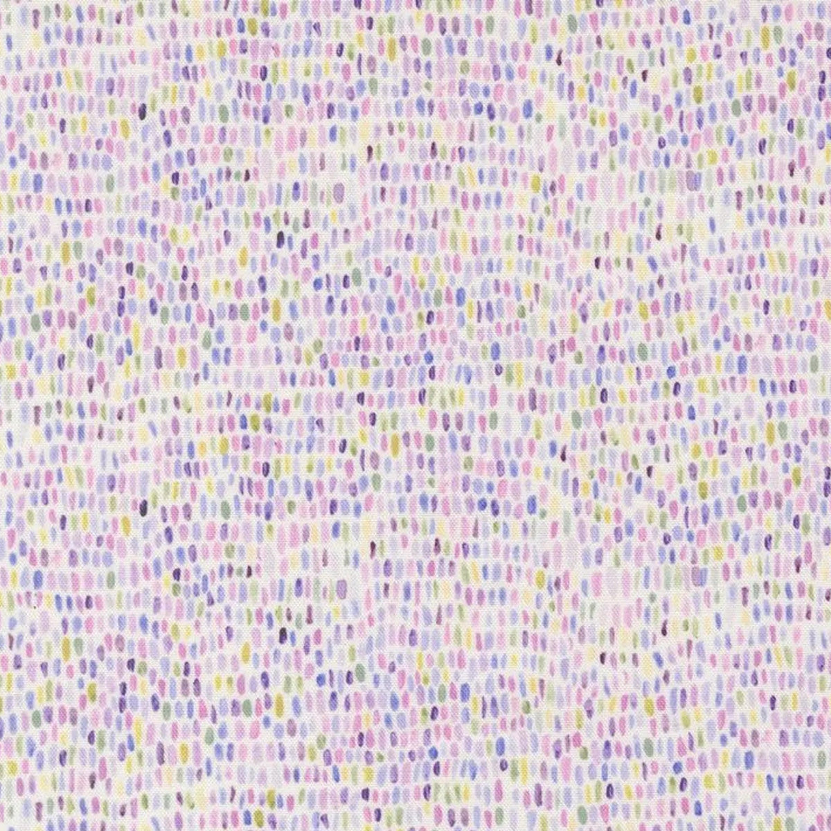 A close-up fabric pattern swatch showing a dense, hand-drawn dotted texture in pastel shades of purple, pink, blue, yellow, and green on a white background, with a Modas Fabrics brand ruler visible at the bottom.