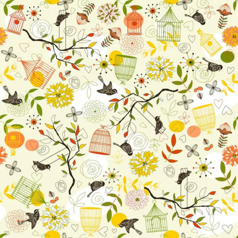 A seamless repeating pattern featuring hand-drawn birds, birdcages, flowers, leaves, and hearts in muted yellow, orange, green, brown, and gray tones on a warm cream background.