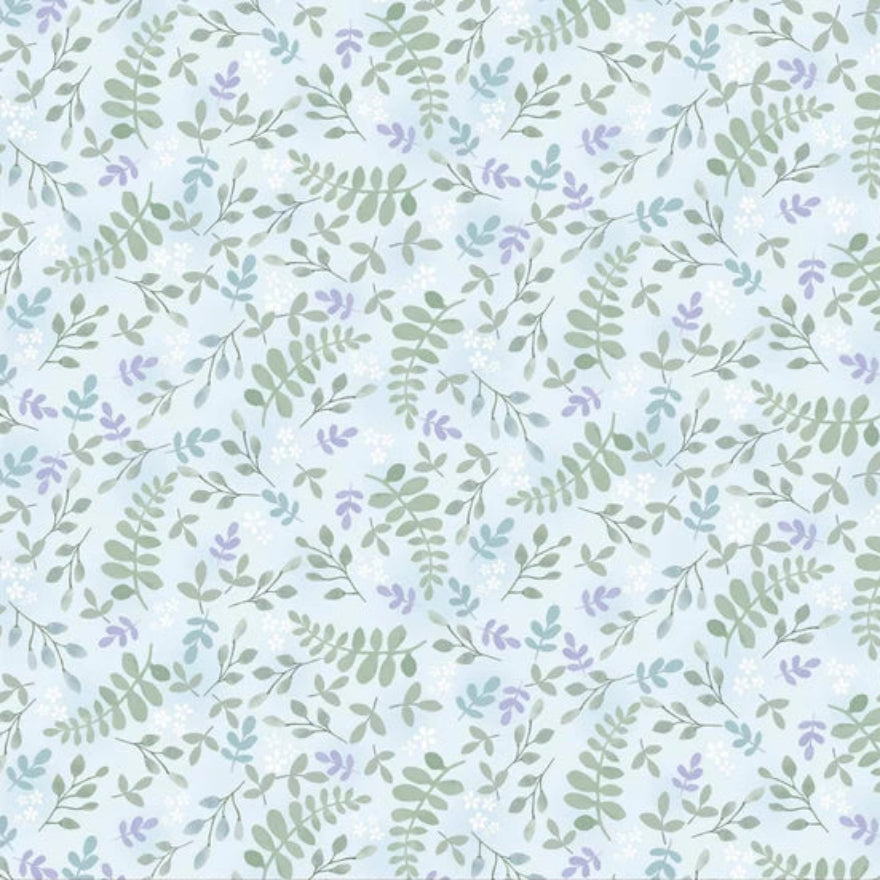 A close-up of a repeating botanical pattern with soft green leaves, small white blossoms, and scattered lavender-purple flowers on a pale icy blue background. A ruler strip appears along the bottom edge.