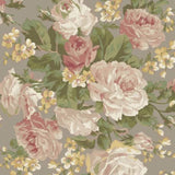 A repeating floral pattern featuring large blush pink and cream roses with green leaves and small yellow blossoms on a warm taupe-gray background.
