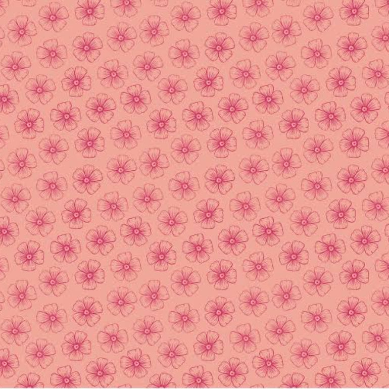 A repeating pattern of small pink flowers with dark pink outlines on a peach-pink background.