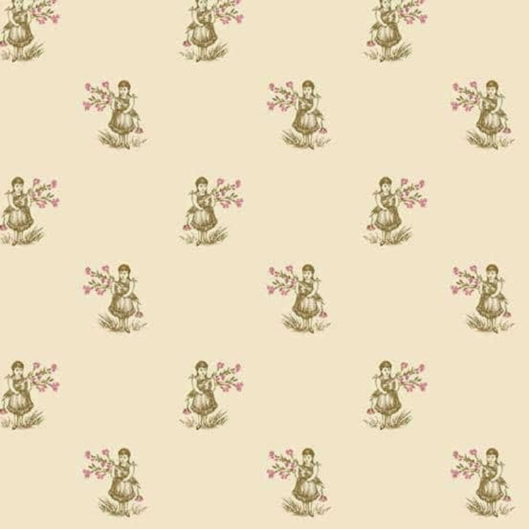 A repeating vintage-style pattern on a warm cream background, featuring small illustrated girls seated beside pink flowering branches.