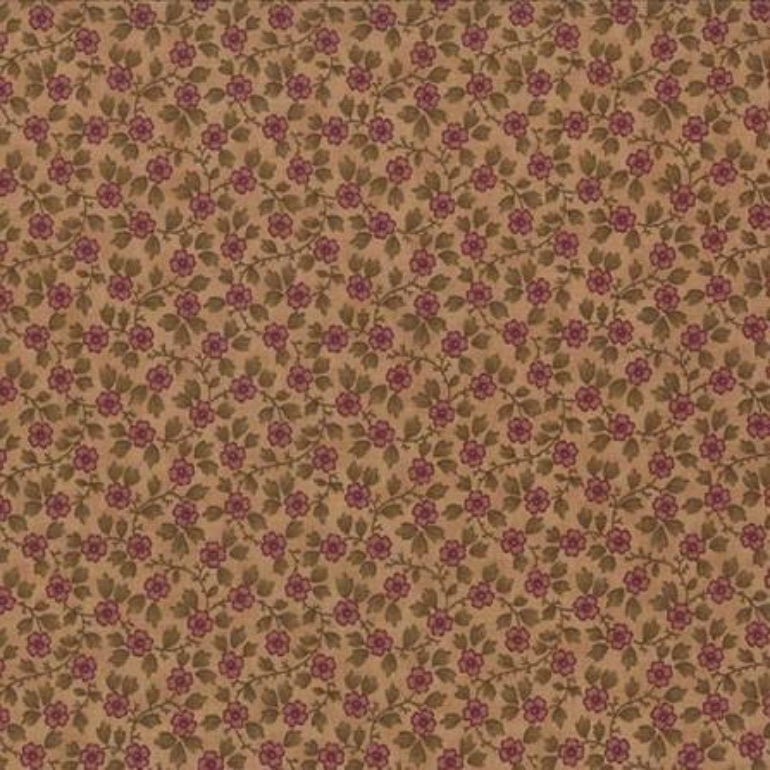 A repeating floral pattern with small purple flowers and green leaves on a warm tan background.