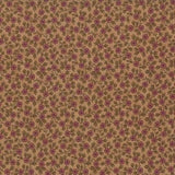 A repeating floral pattern with small purple flowers and green leaves on a warm tan background.