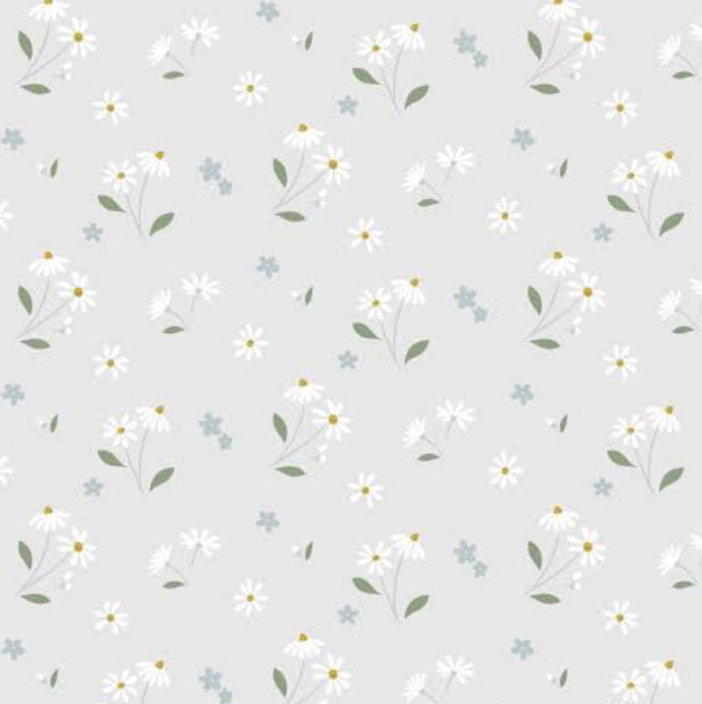 A repeating floral pattern featuring small white daisy-like flowers with yellow centers, green stems and leaves, and scattered pale blue blossoms on a light gray background.